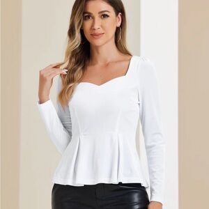 White Long-Sleeve Peplum Sweetheart Top, small